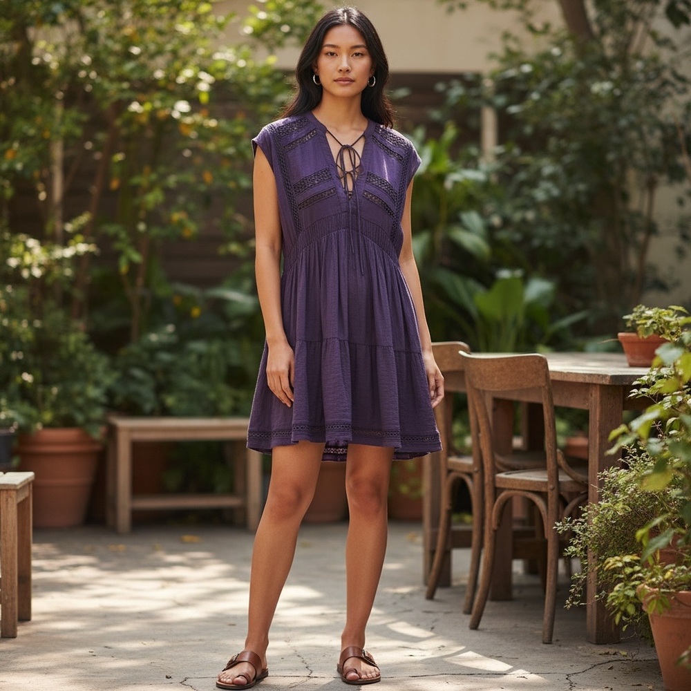 Lucky Brand Purple Boho Dress Lace Detail Lined Size L NWOT